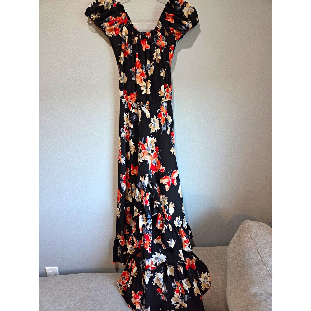 Aqua Maxi Dress Women S Black Floral Ruffle Off Shoulder Boho Excellent